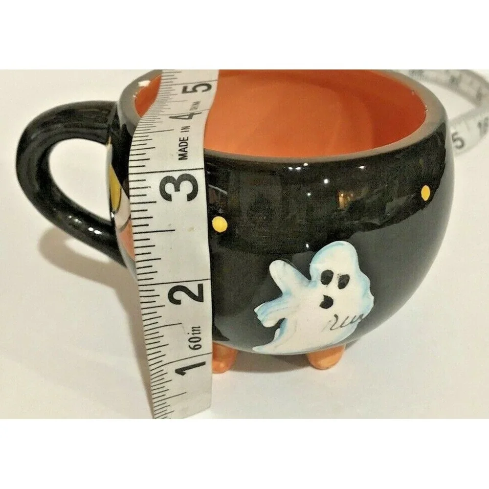 Halloween Black Cat Ghost Ceramic Mug Footed Cauldron Coffee Cup Orange Black